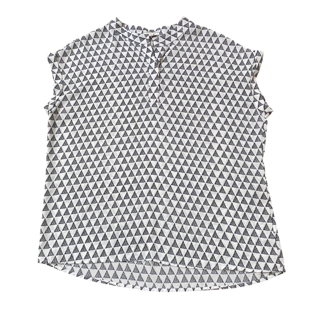 Pleione Short Sleeve Blouse w White/Black Geo Pattern Dolman Sleeves Career - M